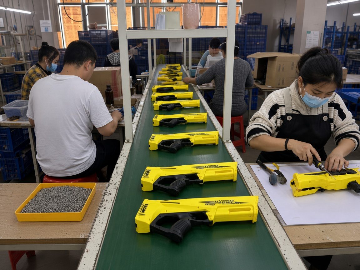 Toy assembly work at a production line