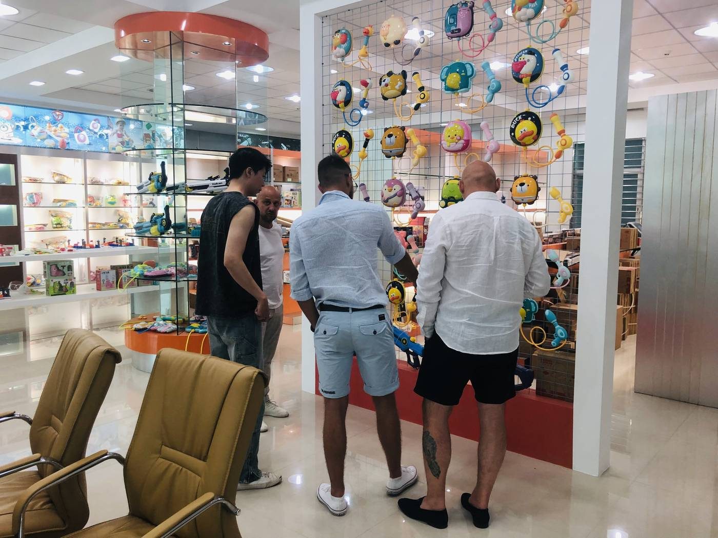 Toy selection discussion in a showroom