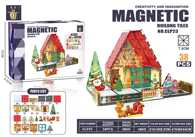 Photographed 38-piece magnetic tile building set and its package